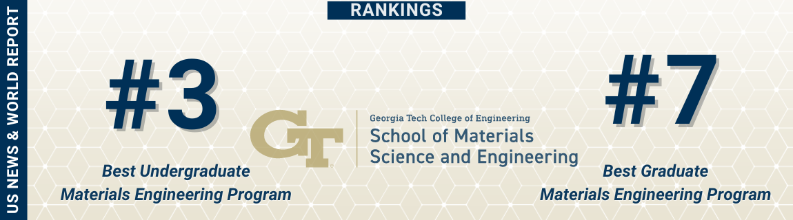 Graphic with GT MSE logo in the center; #3 best undergraduate Engineering Program on the left and #7 best graduate Engineering Program on the right