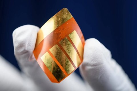 A flexible, lightweight solar cell made from perovskites, a material that could produce energy from sunlight more cheaply and efficiently. (Photos: Joya Chapman)